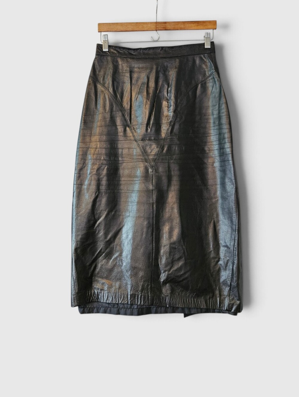 Vintage Wilsons Leather Yoked Waist Black Snap Vent Detail Seamed Midi Skirt 14